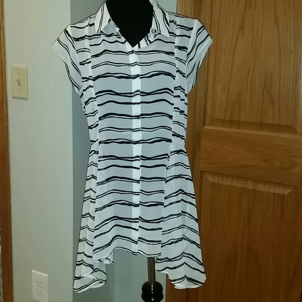 Anthropologie Sheer Black and White Striped Button Down Shirt